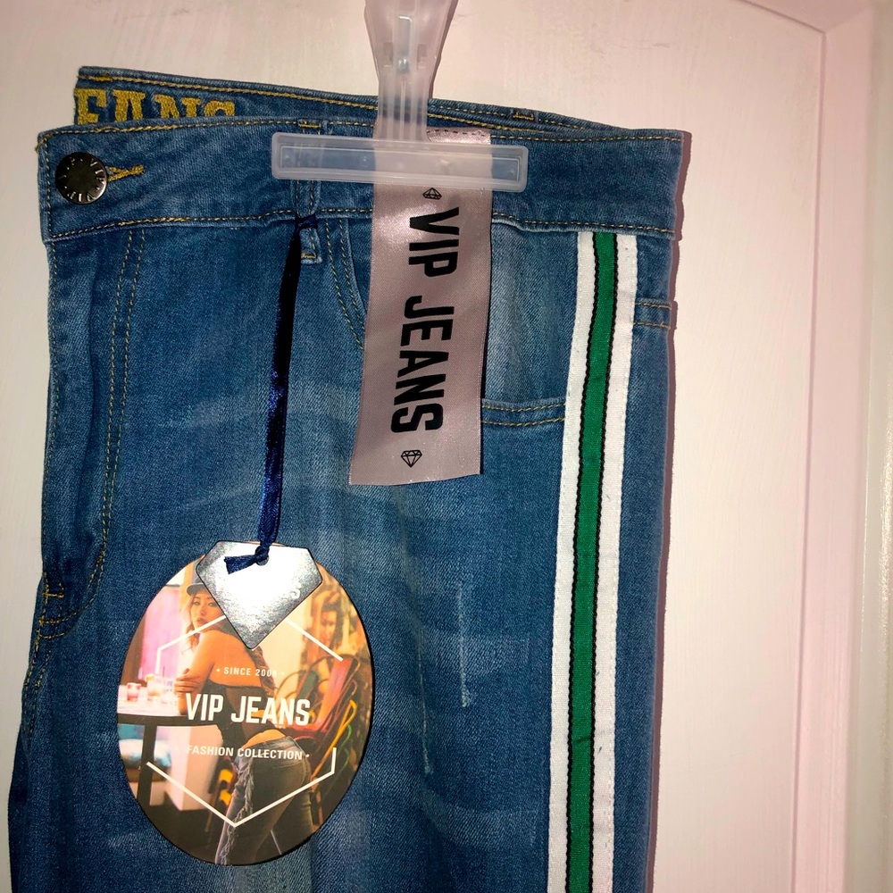 Ripped Jeans Green and white side stripe